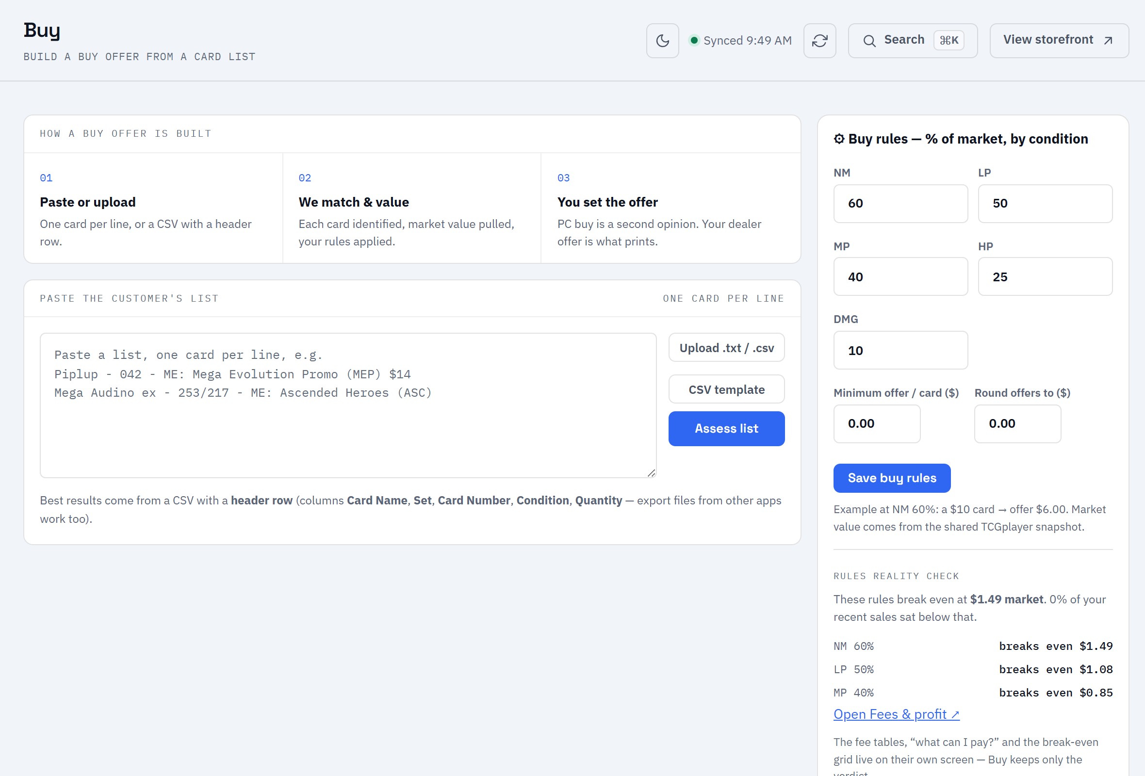 The buy desk: a pasted list priced line by line with buy rules by condition.