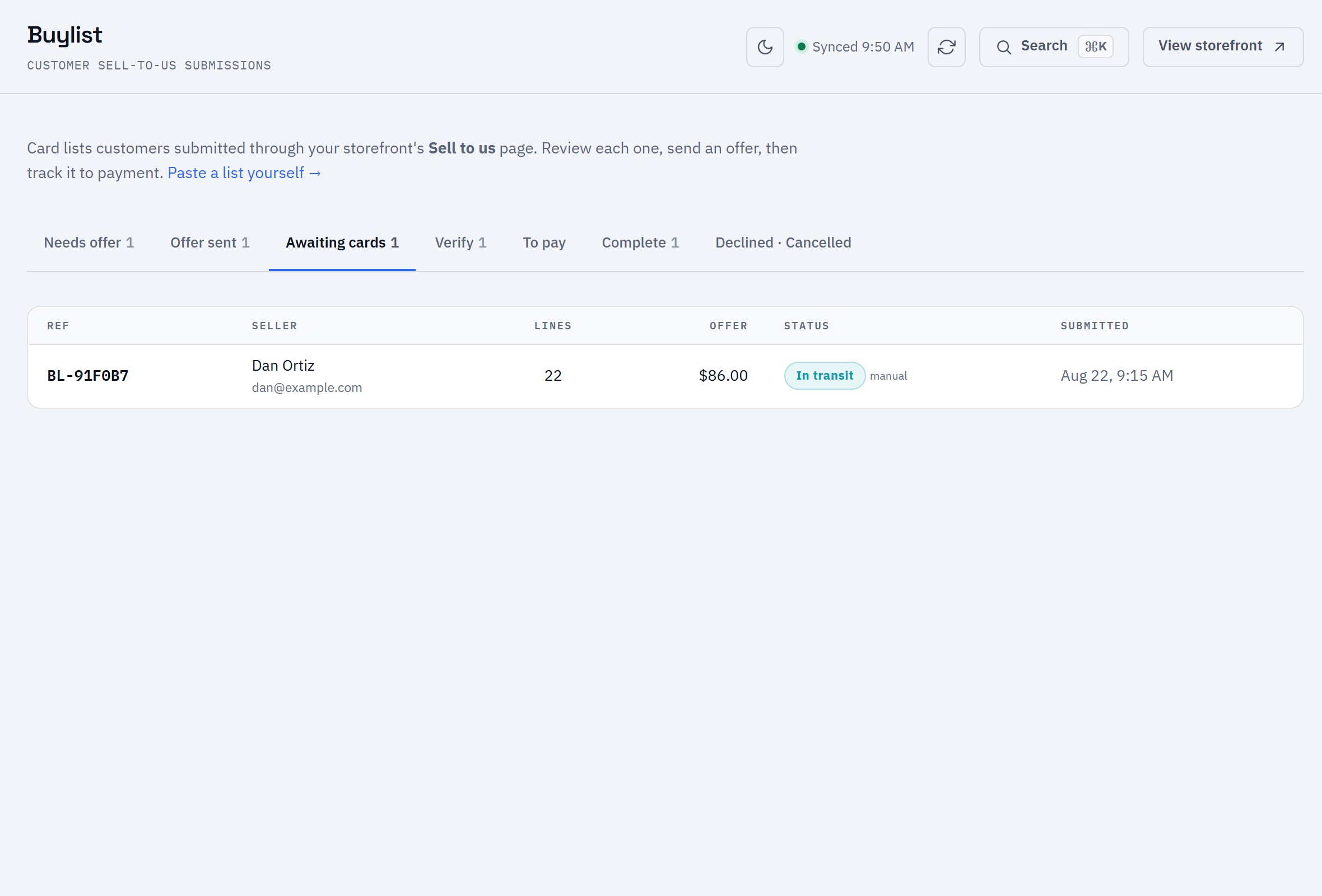 The buylist queue on Awaiting cards: an accepted offer with tracking, waiting on the parcel.