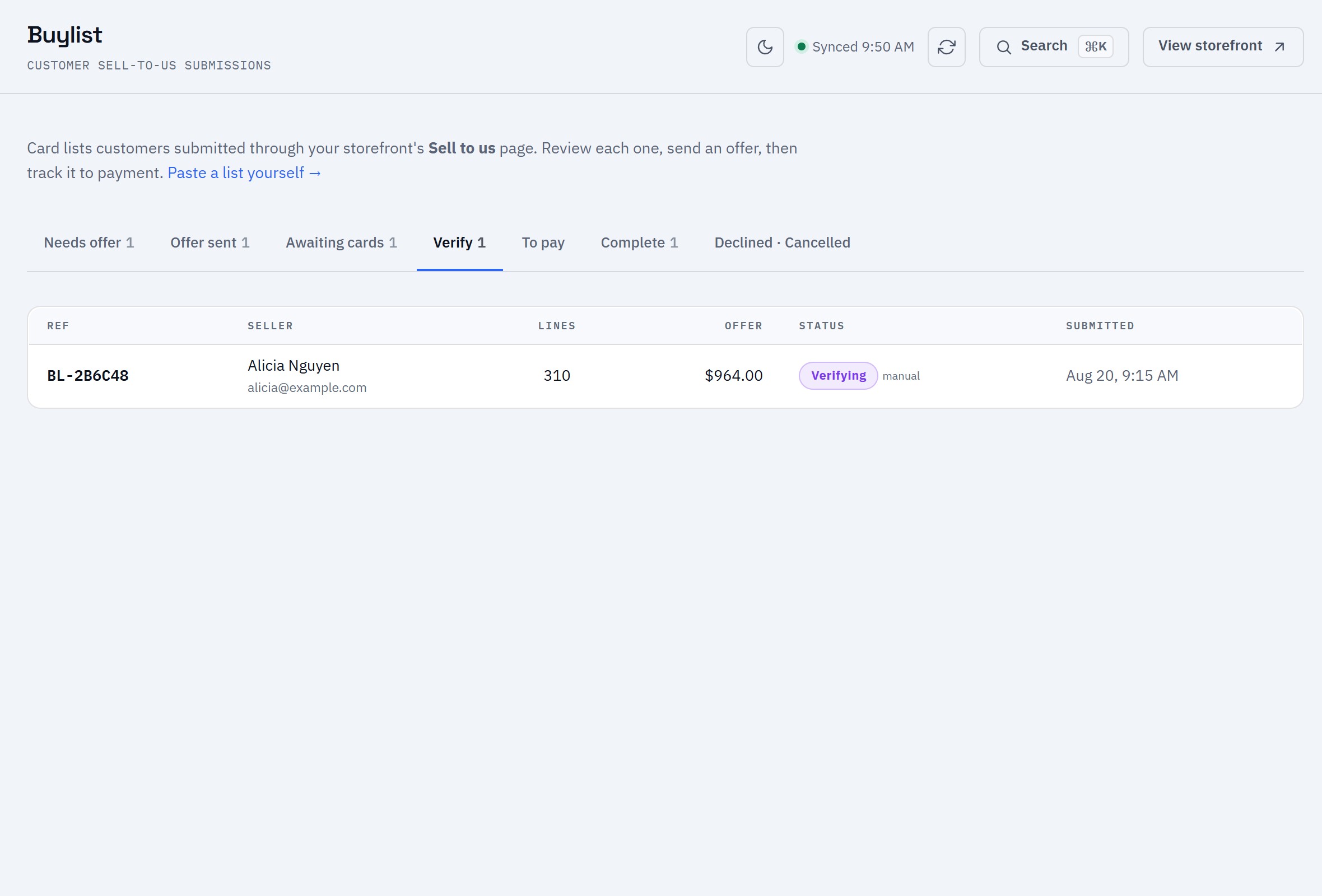 The buylist queue on Verify: received cards being checked against the submission.