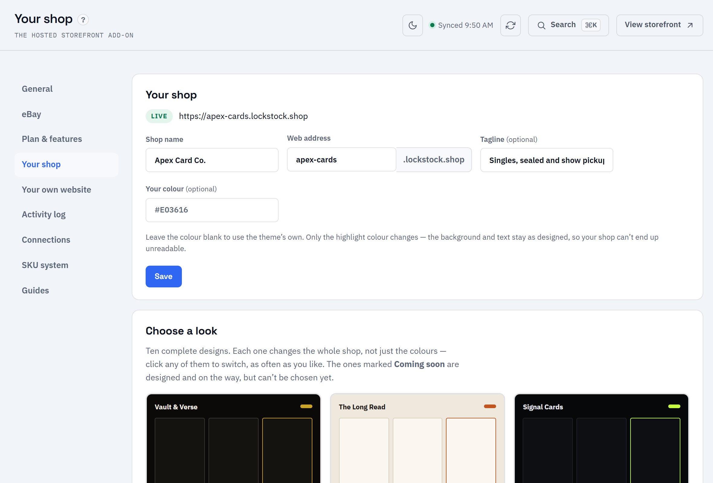 The hosted shop settings: a live shop address and ten designed looks to choose from.