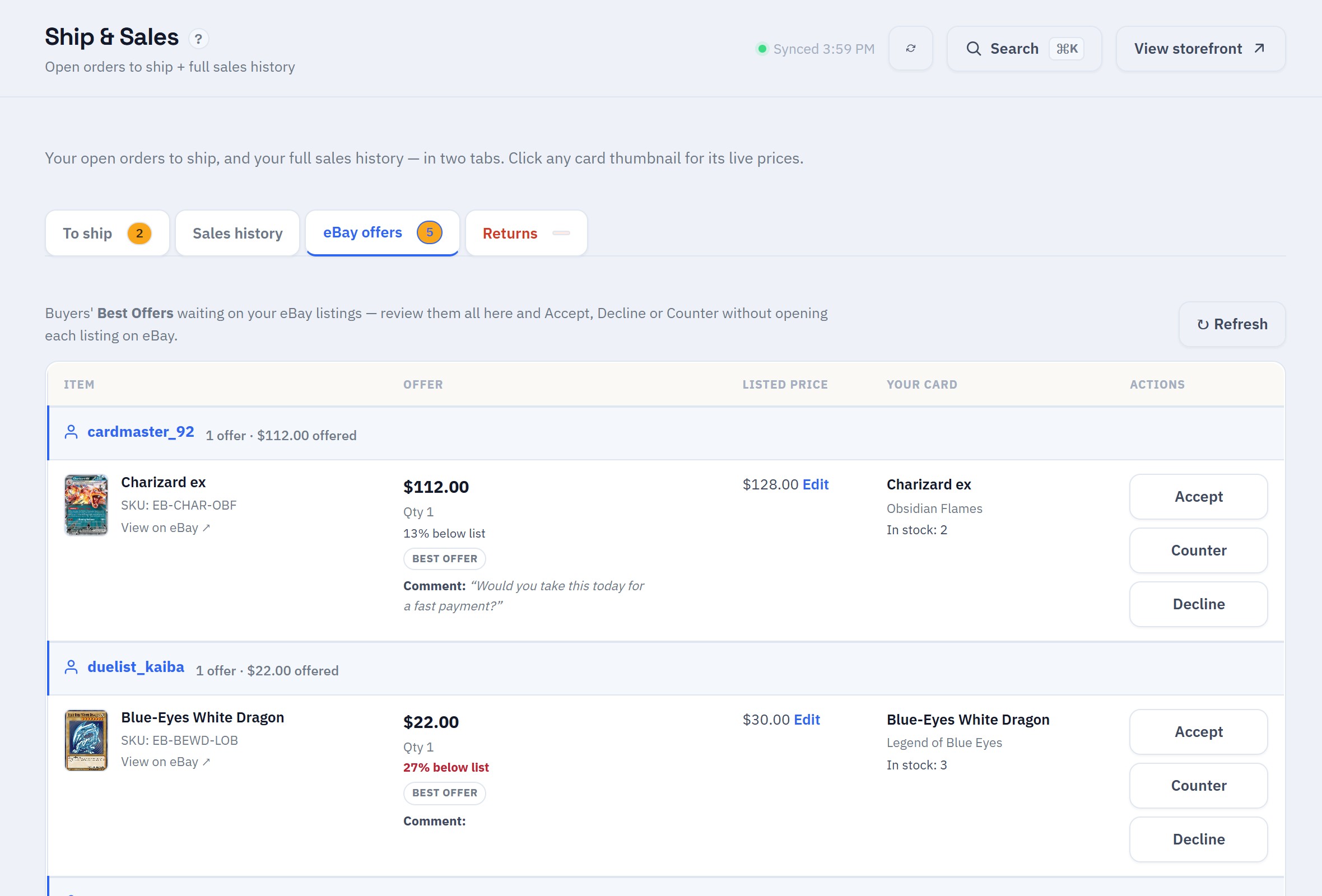 The eBay offers screen: incoming buyer Best Offers grouped by buyer, each with Accept, Counter and Decline.