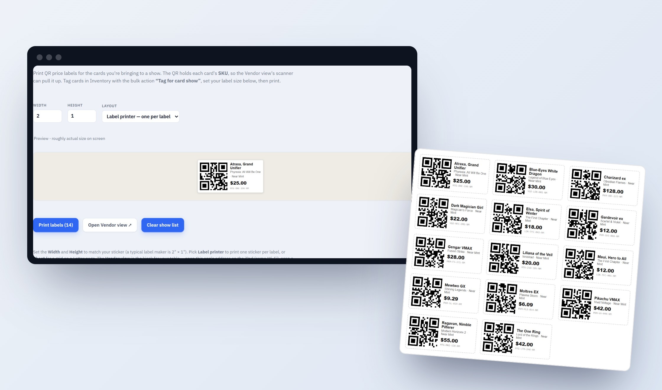 The Lockstock Show-labels screen alongside a printed sheet of QR price labels — one per card, each with the card's name, price and a scannable code.