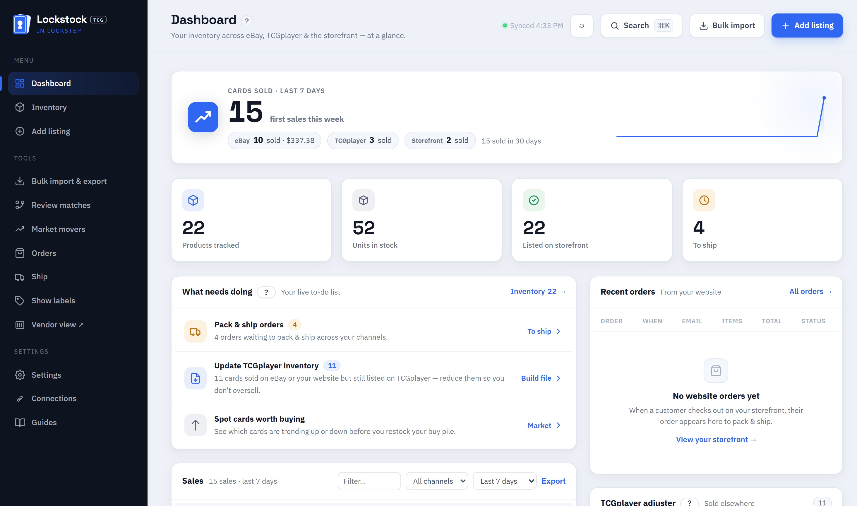 The Lockstock dashboard with its sidebar navigation — Dashboard, Inventory, Market movers, Orders, Ship, Show labels, Vendor and Settings — alongside cards sold this week, stock, and orders still to ship.