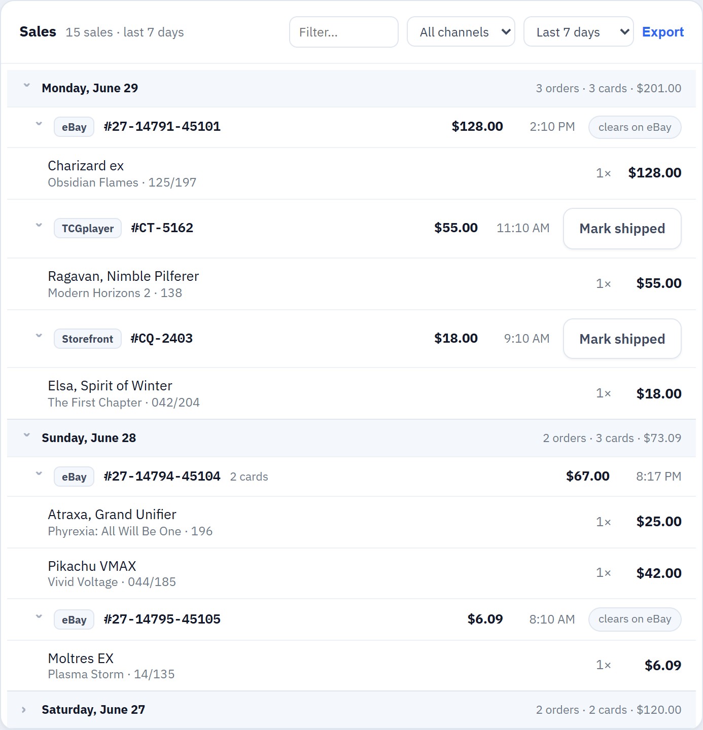 The Lockstock sales feed: orders from eBay, TCGplayer and the storefront, each with an inline ship status — 'clears on eBay' or a 'Mark shipped' button.